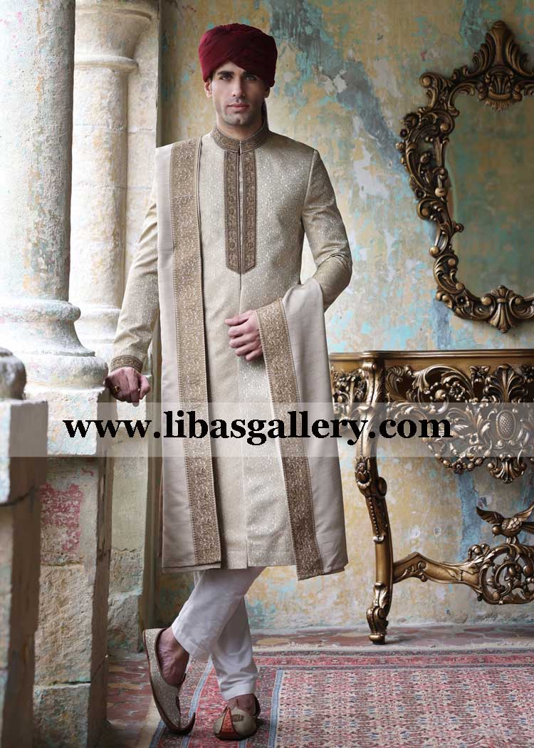 Beige Antique Embroidered Groom jamawar wedding sherwani