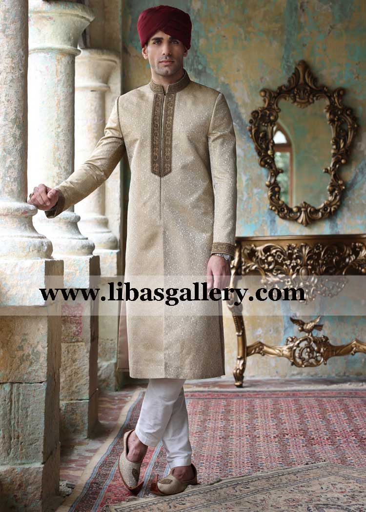 Beige Antique Embroidered Groom jamawar wedding sherwani