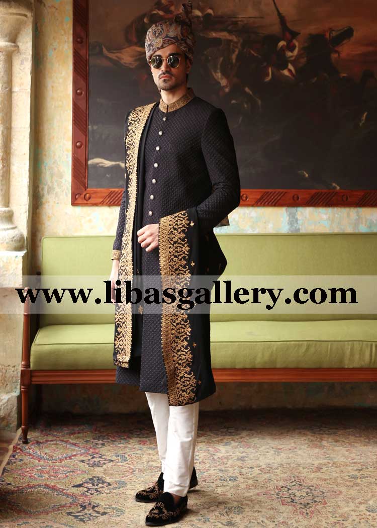 Black check dots gold embroidered groom wedding sherwani