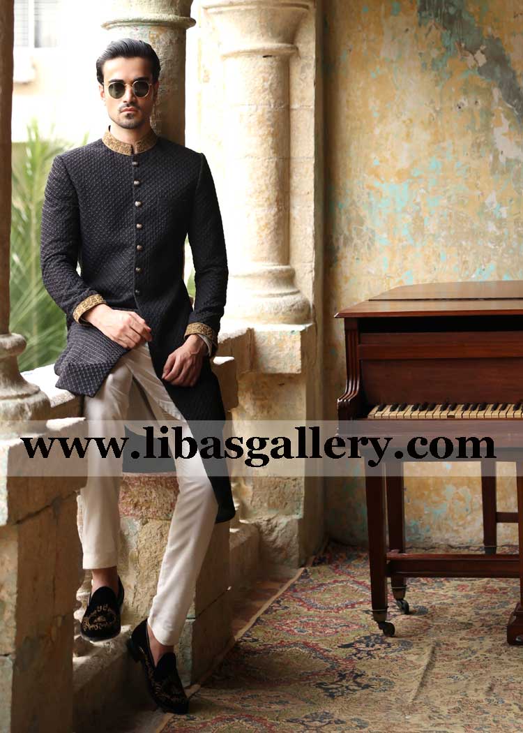 Black check dots gold embroidered groom wedding sherwani