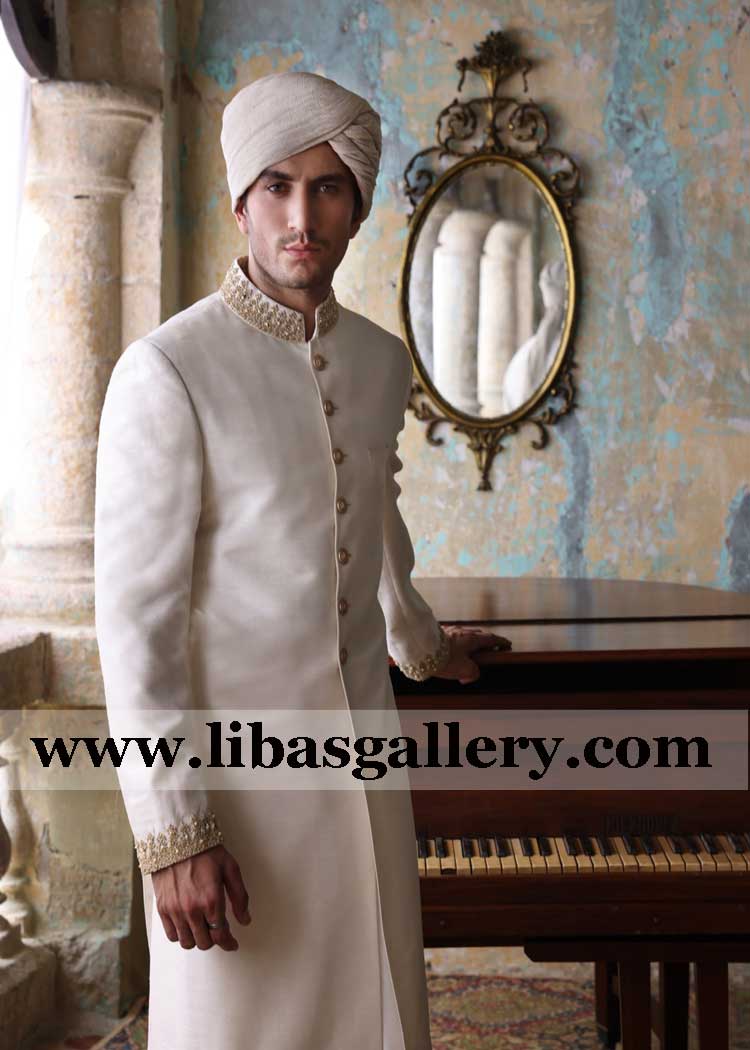 off white groom embellished wedding sherwani suit