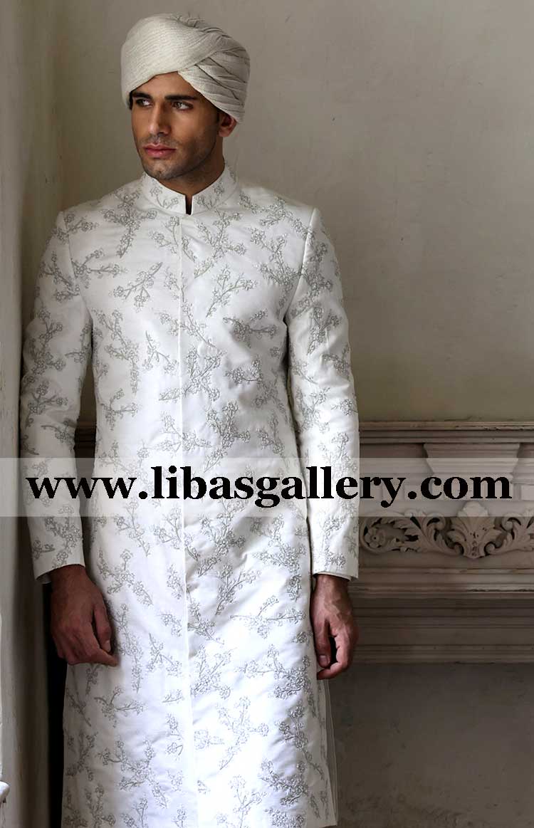 White embroidered sherwani suit for modern type dulha