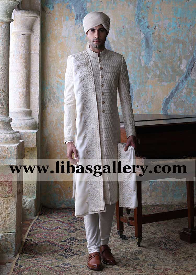 off white artistic Rope fancy embroidered nikah barat groom sherwani