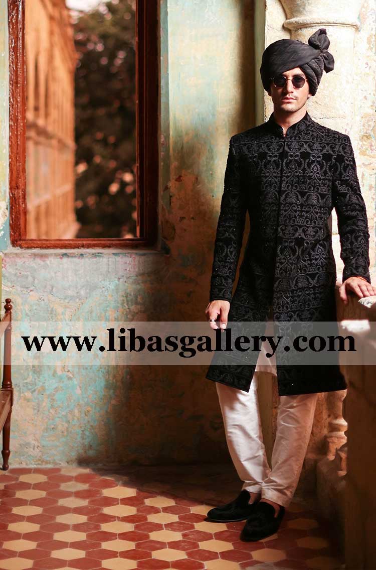 black groom wedding sherwani embroidered for marriage