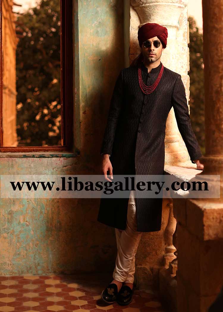 Black Rope heavy embroidered groom wedding sherwani