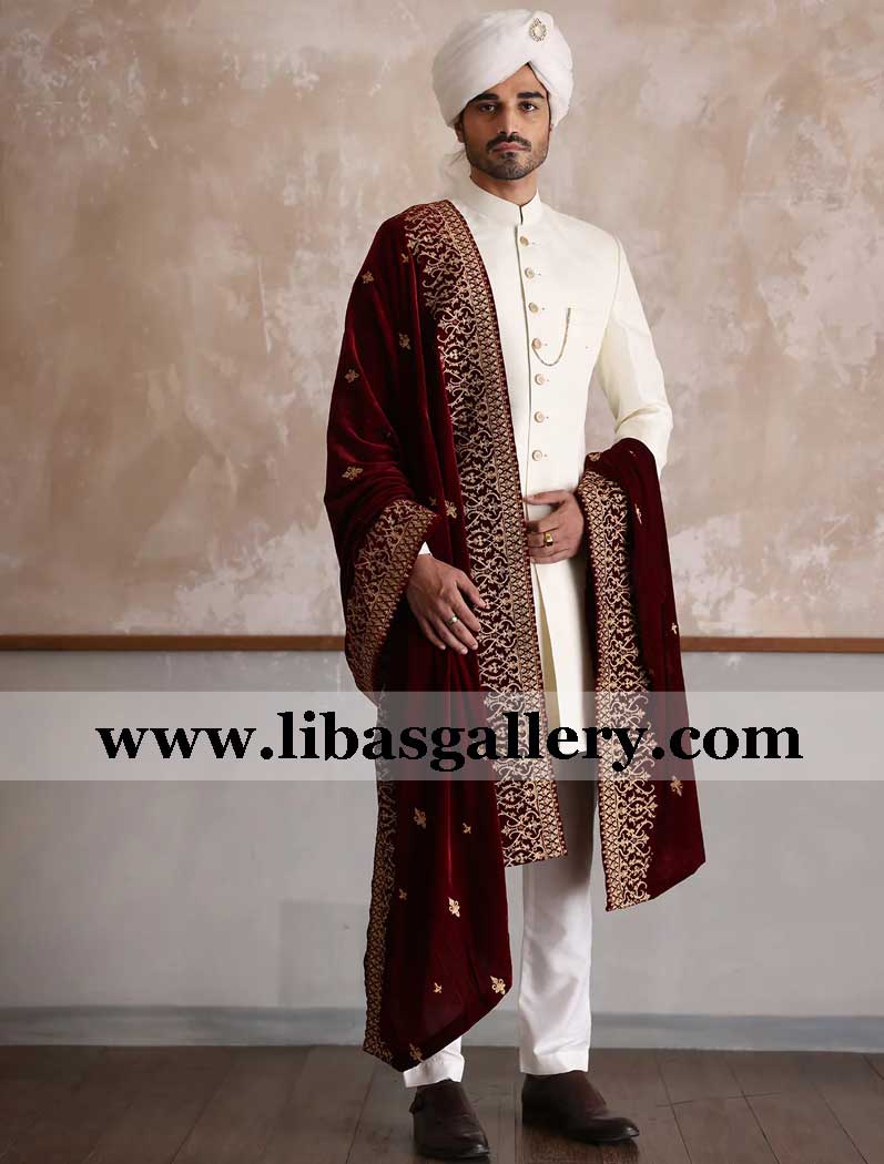 indo western style short length groom off white wedding sherwani suit