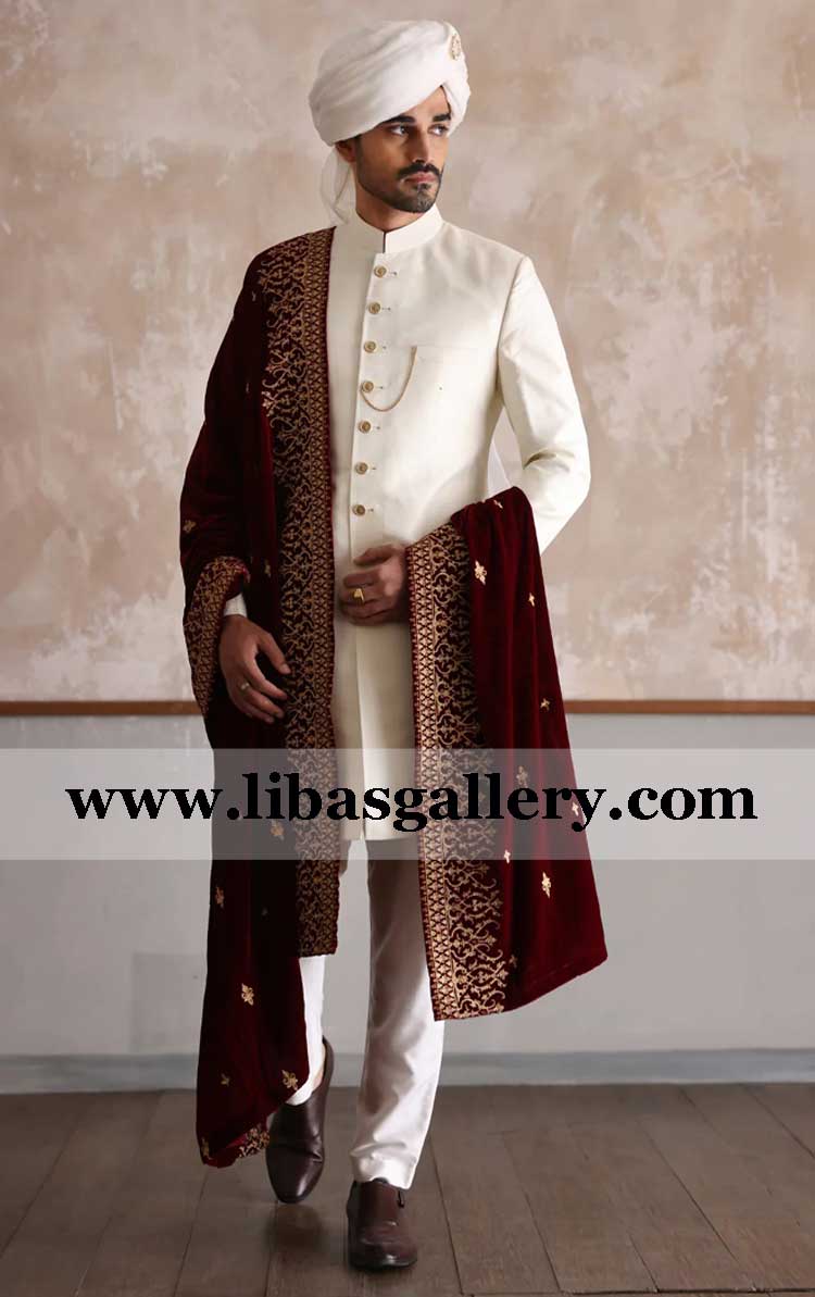 indo western style short length groom off white wedding sherwani suit