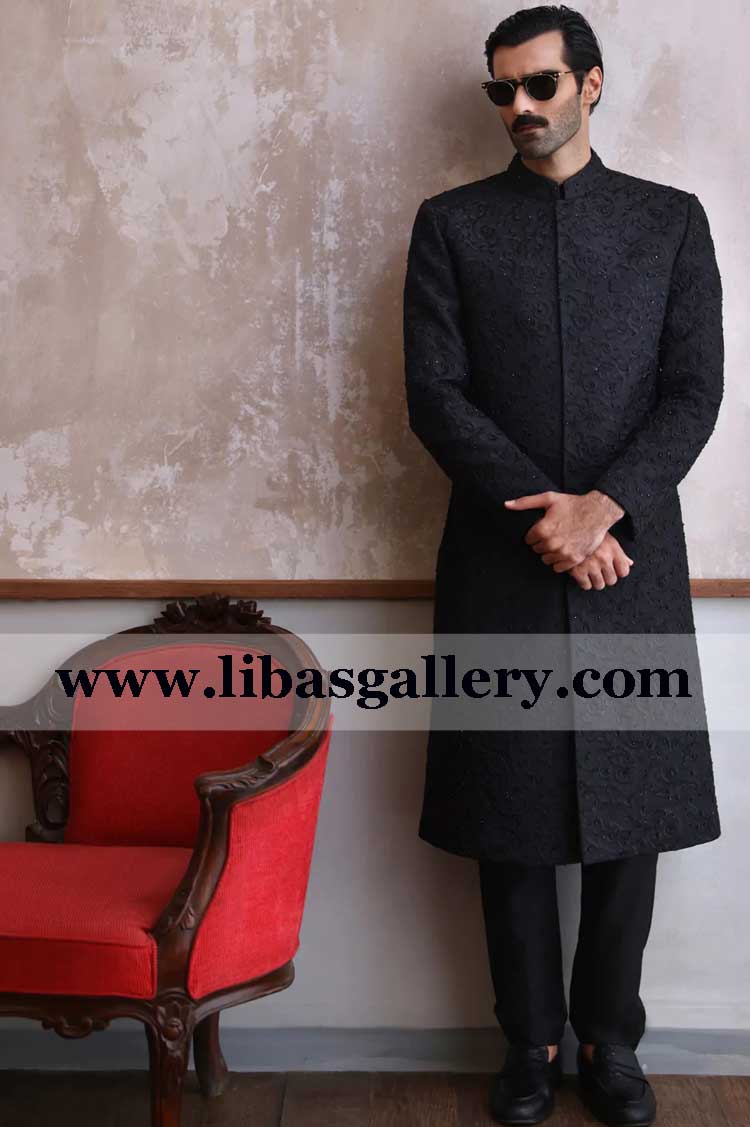 Groom black self embroidered beautiful wedding sherwani