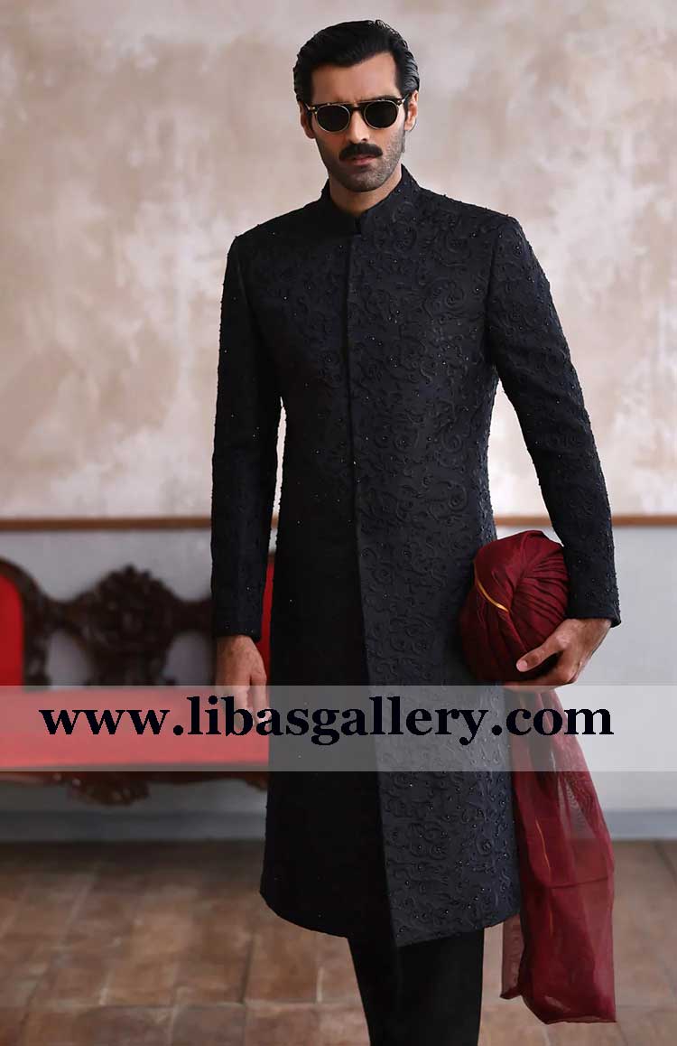 Groom black self embroidered beautiful wedding sherwani