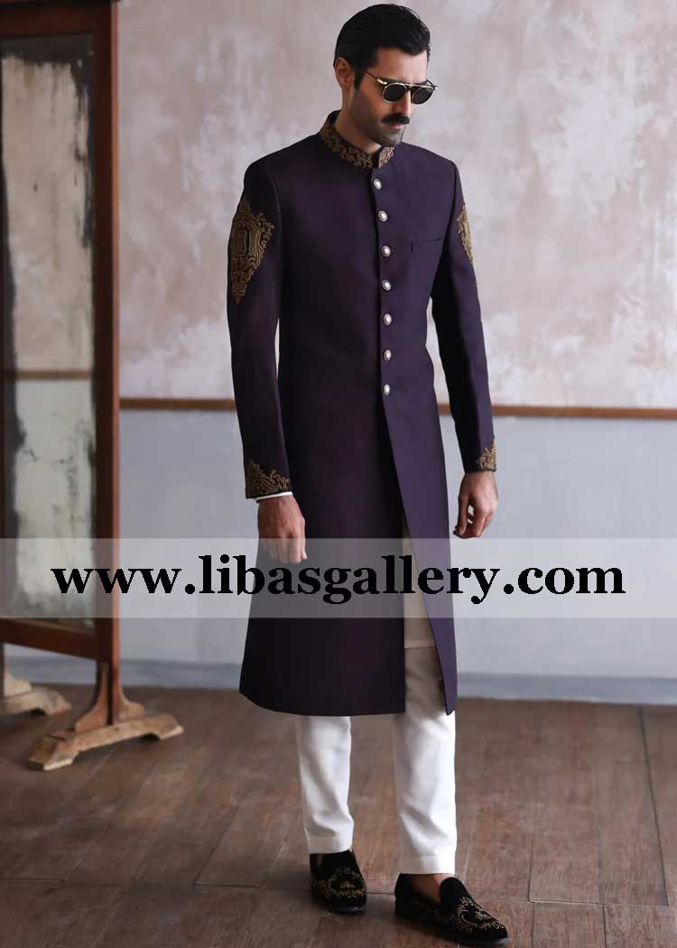 Purple raw silk hand embellished groom nikah barat sherwani