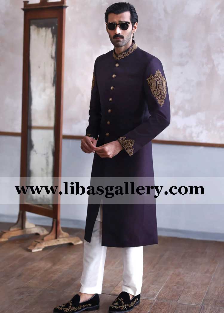 Purple raw silk hand embellished groom nikah barat sherwani