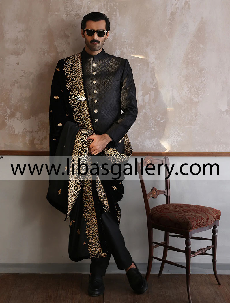 latest Black Groom heavy diamond shape Embroidered wedding sherwani suit for nikah barat day with pants and embroidered shawl new york sugar land texas usa