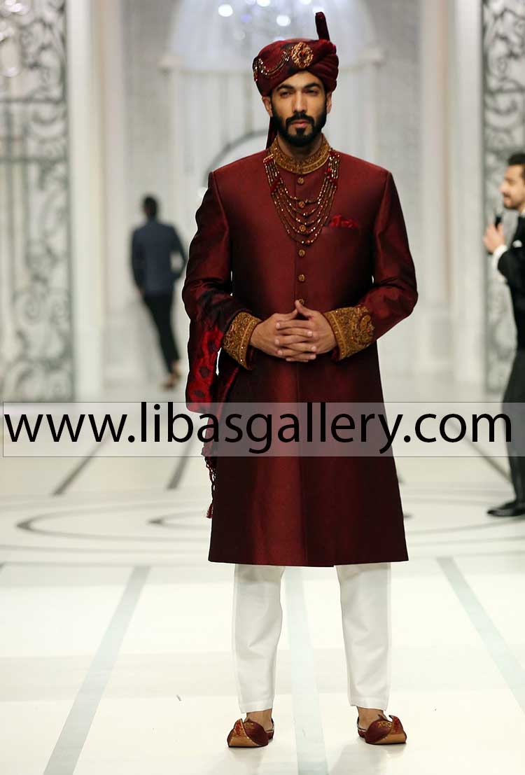 Maroon traditional groom embellished wedding sherwani article