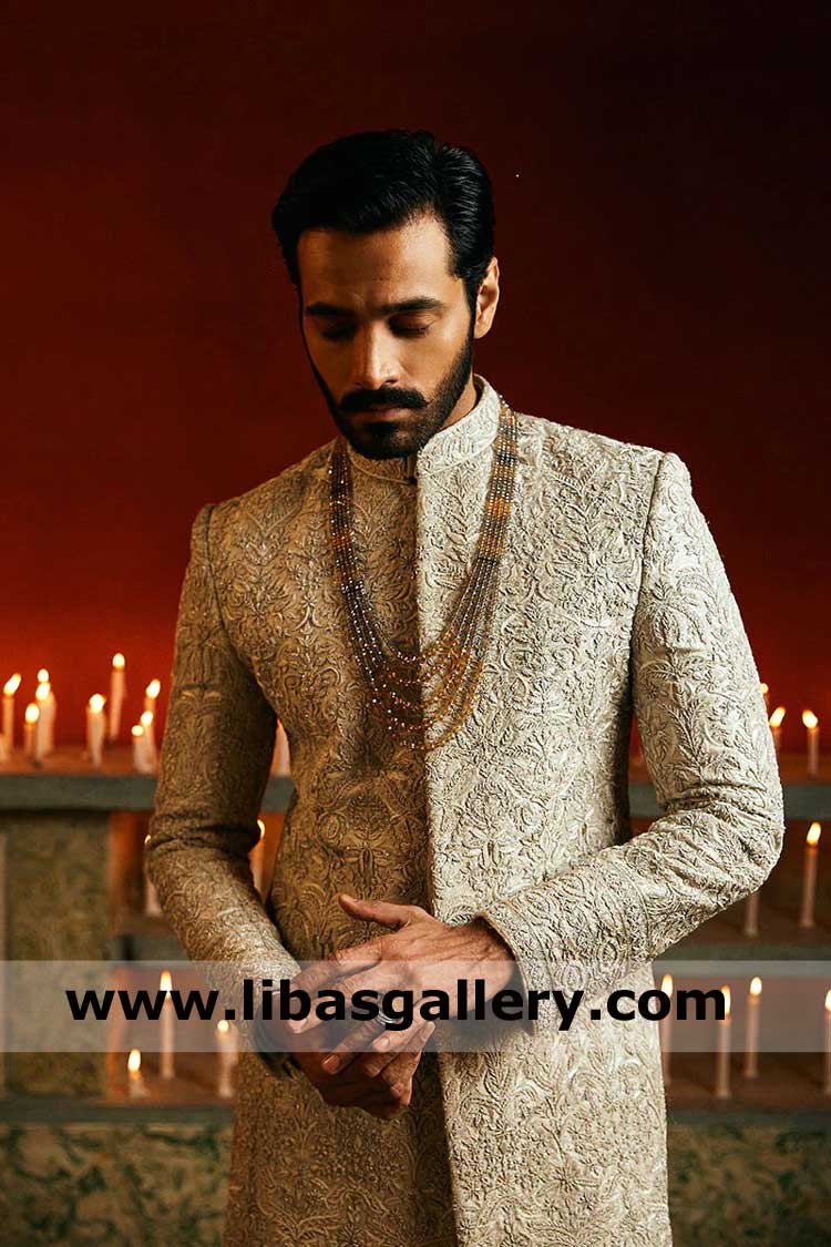 Ivory self jamawar groom wedding sherwani celebrity style