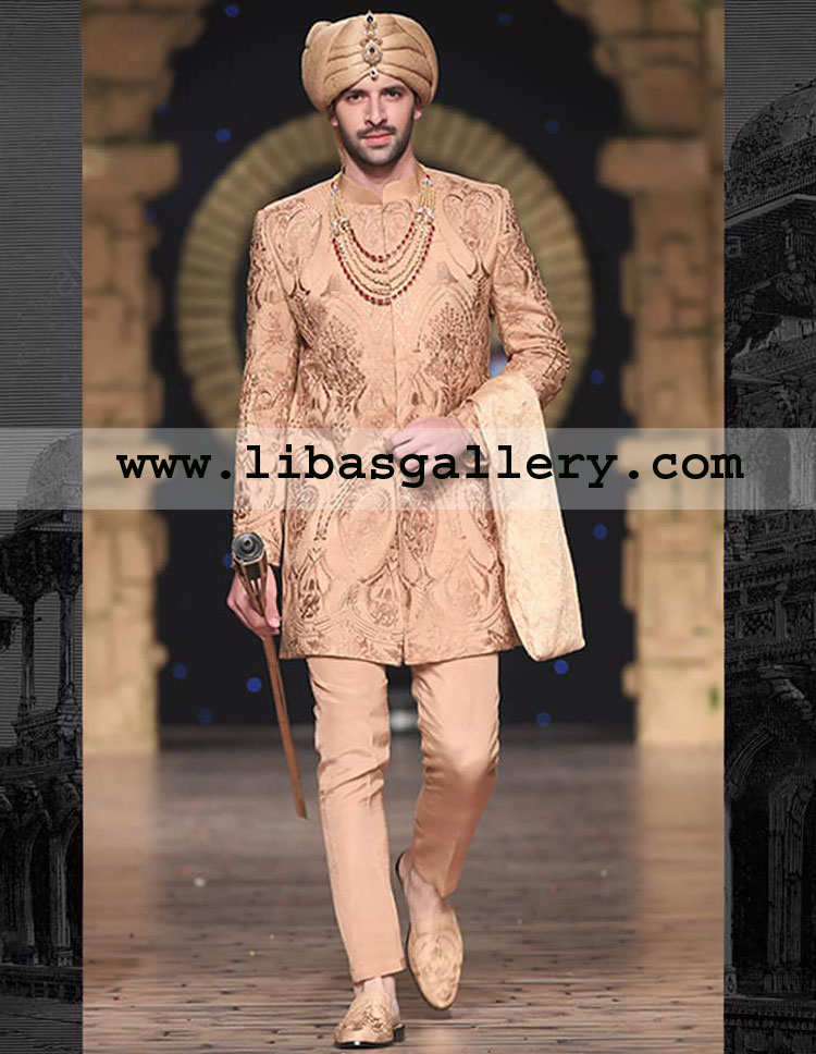 luxurious statement bespoke embroidered designer groom sherwani