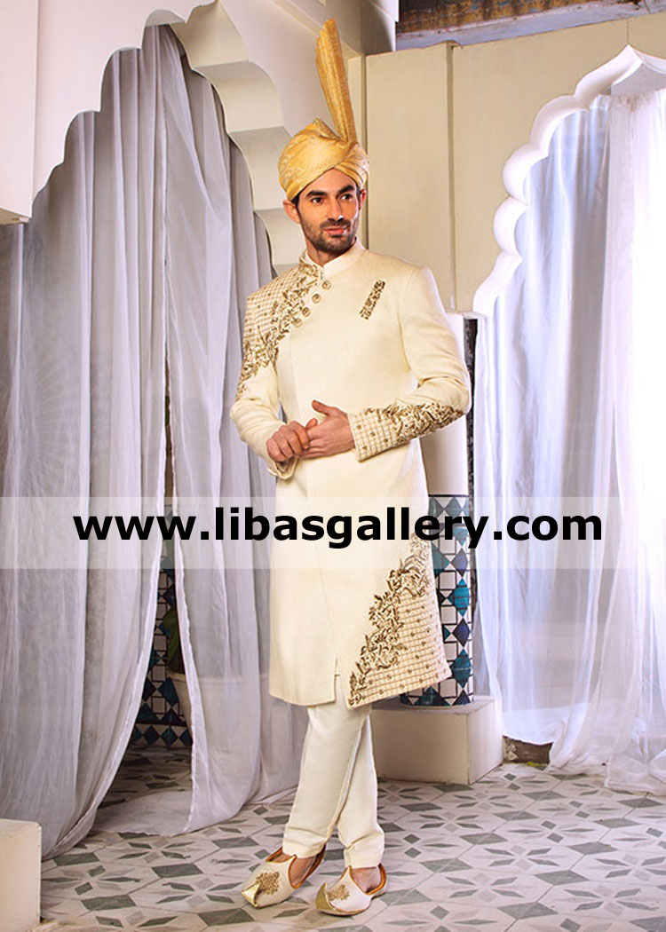 Ivory gold side cut groom wedding sherwani for nikah occasion