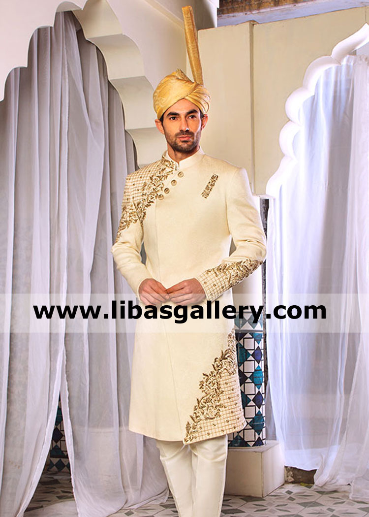 Ivory gold side cut groom wedding sherwani for nikah occasion