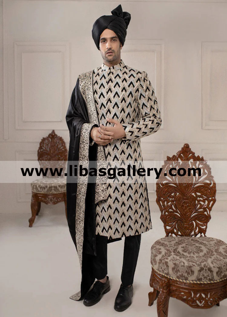 Greyish black nikah barat embroidered sherwani for men barat