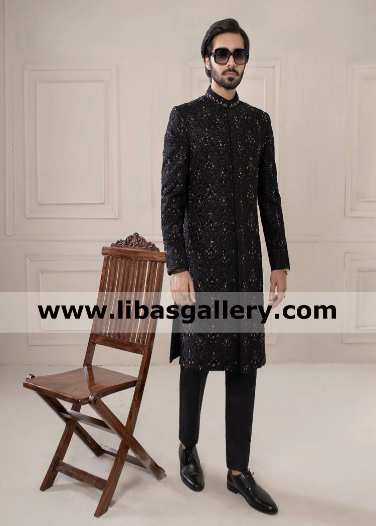 Black latest Embroidered groom nikah sherwani design