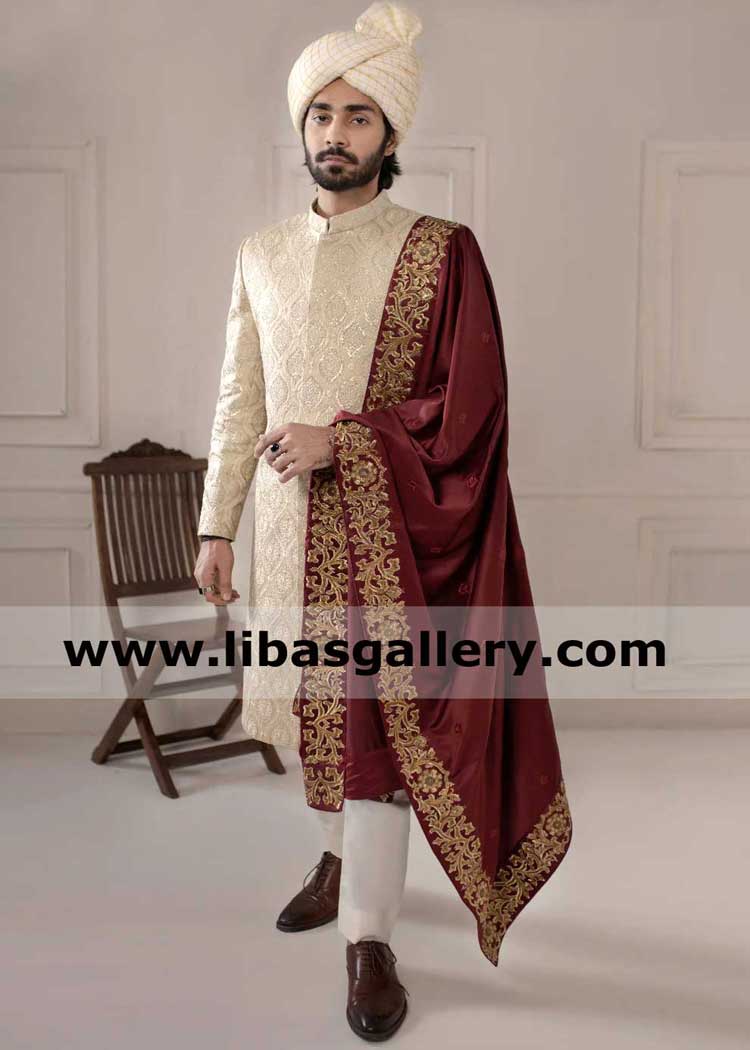 off white embroidered groom wedding sherwani ensemble