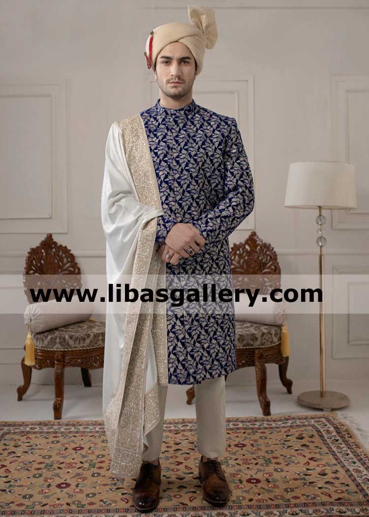 Blue velvet embroidered groom wedding sherwani latest design