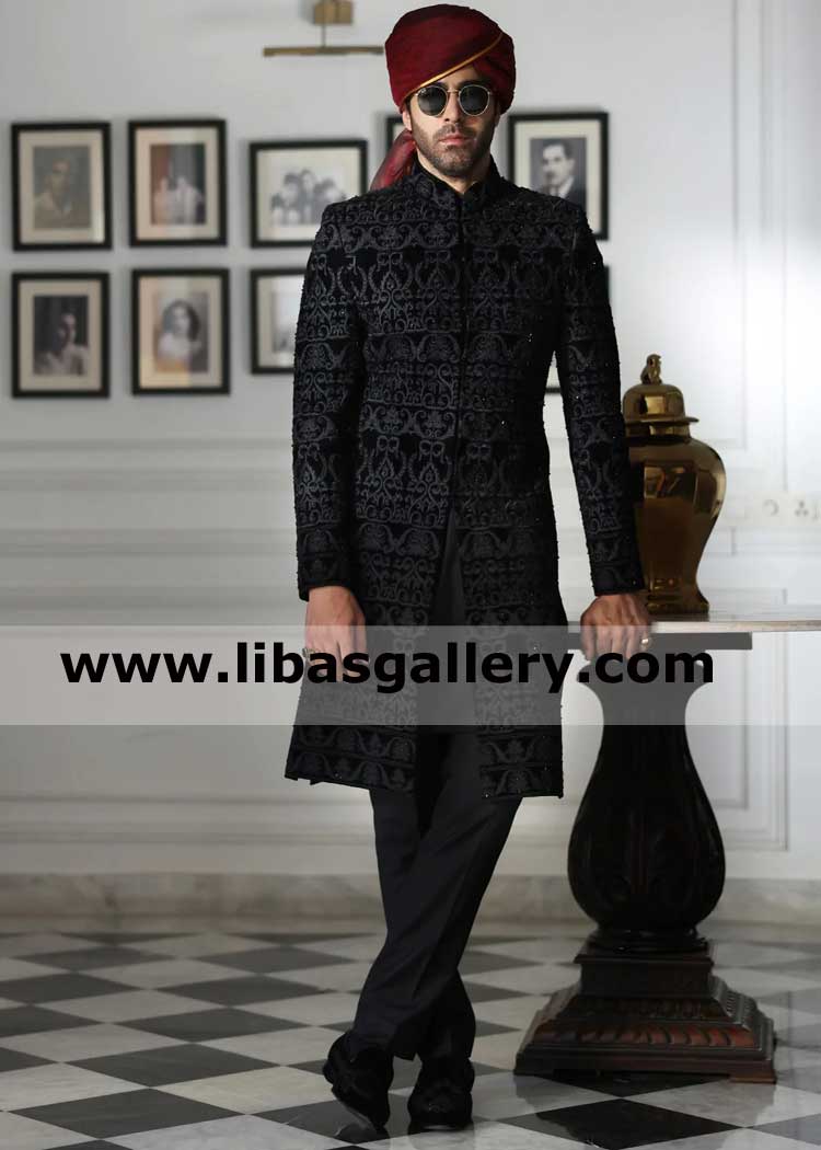 Black velvet heavy embroidered groom nikah barat sherwani