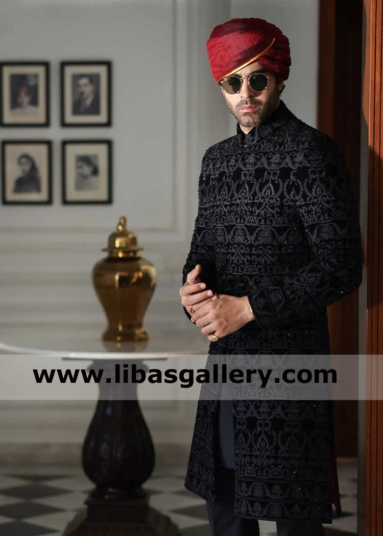 Black velvet heavy embroidered groom nikah barat sherwani