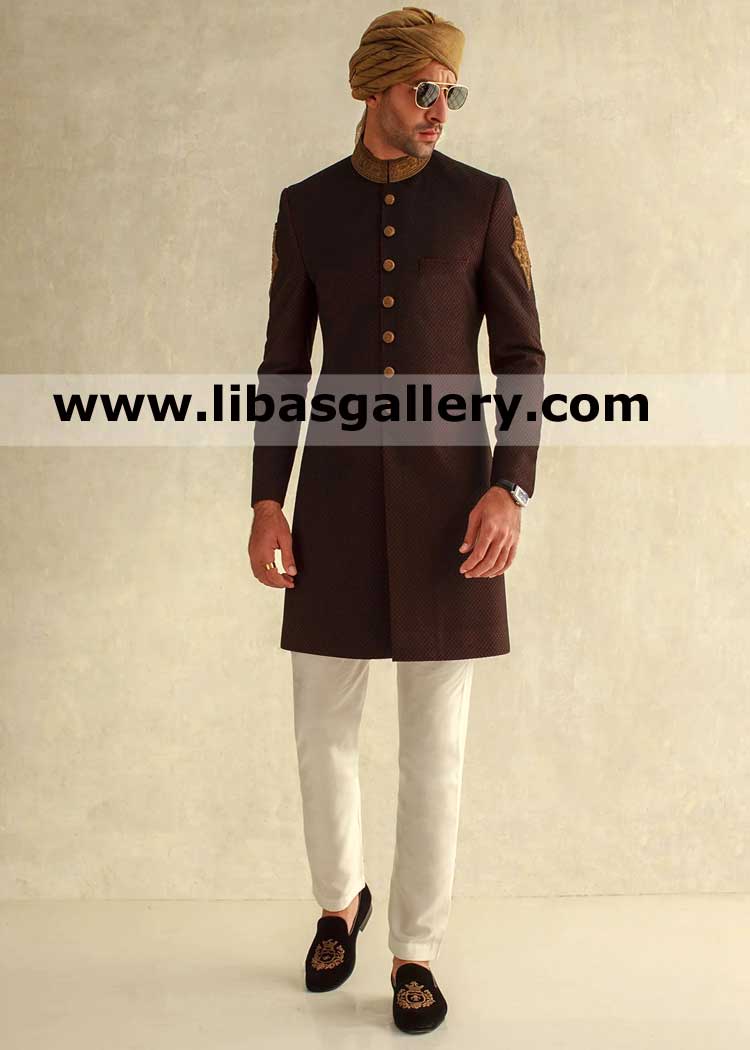 Maroon groom wedding sherwani design gold embroidery