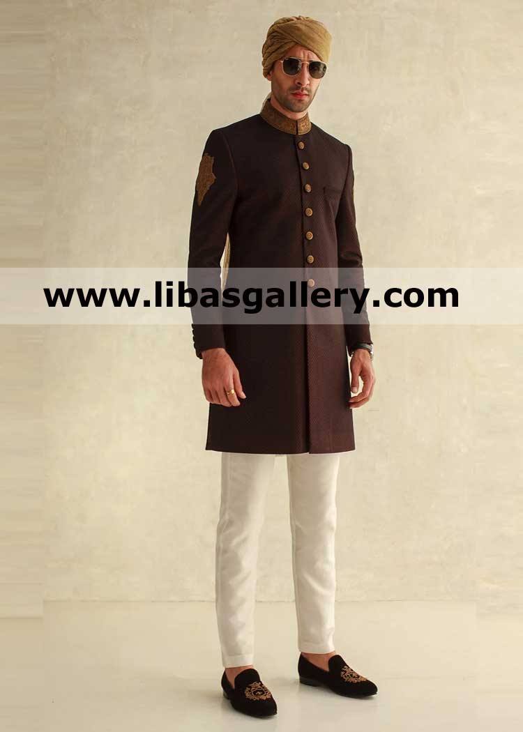 Maroon groom wedding sherwani design gold embroidery