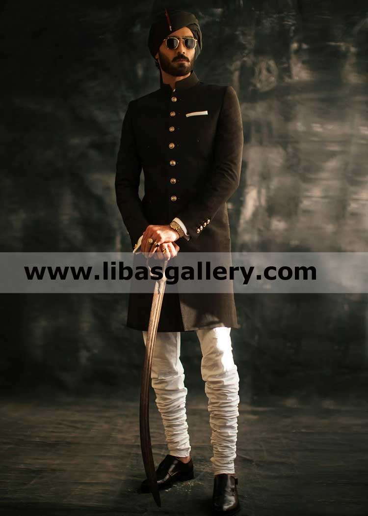 Black short length indo western style groom wedding sherwani