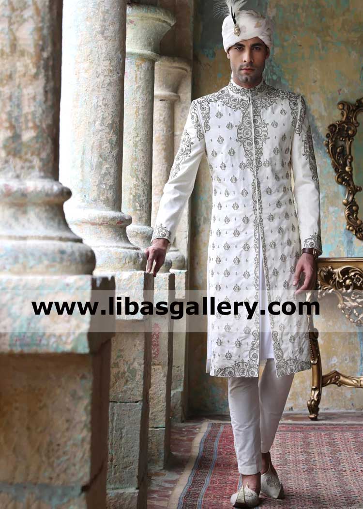 Raw silk off white embroidered groom marriage sherwani