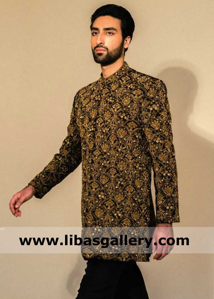 Black groom embellished nikah wedding sherwani suit
