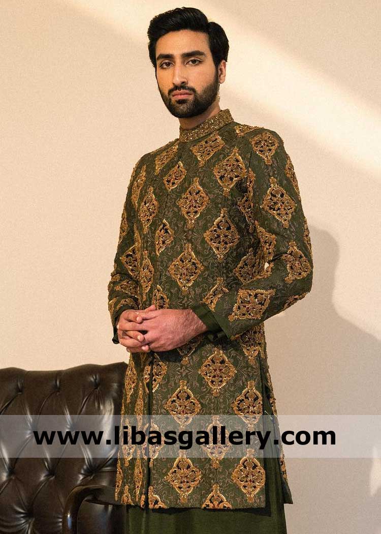 Olive Green Groom Embroidered nikah barat wedding jacket 