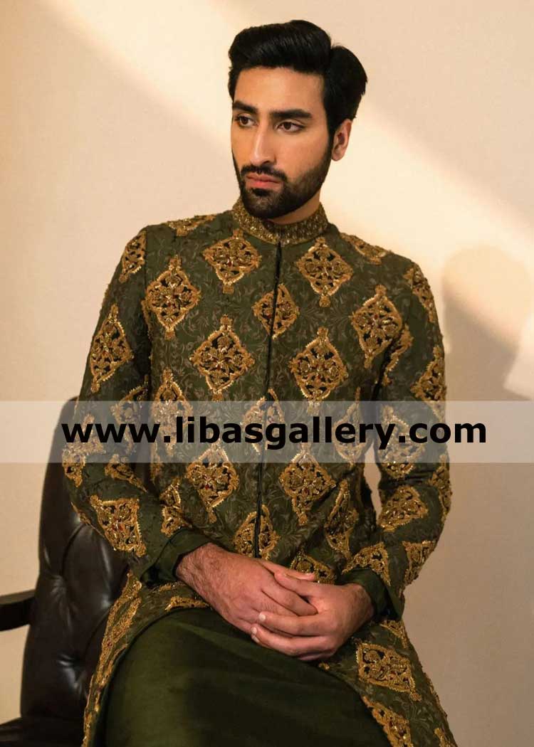 Olive Green Groom Embroidered nikah barat wedding jacket 