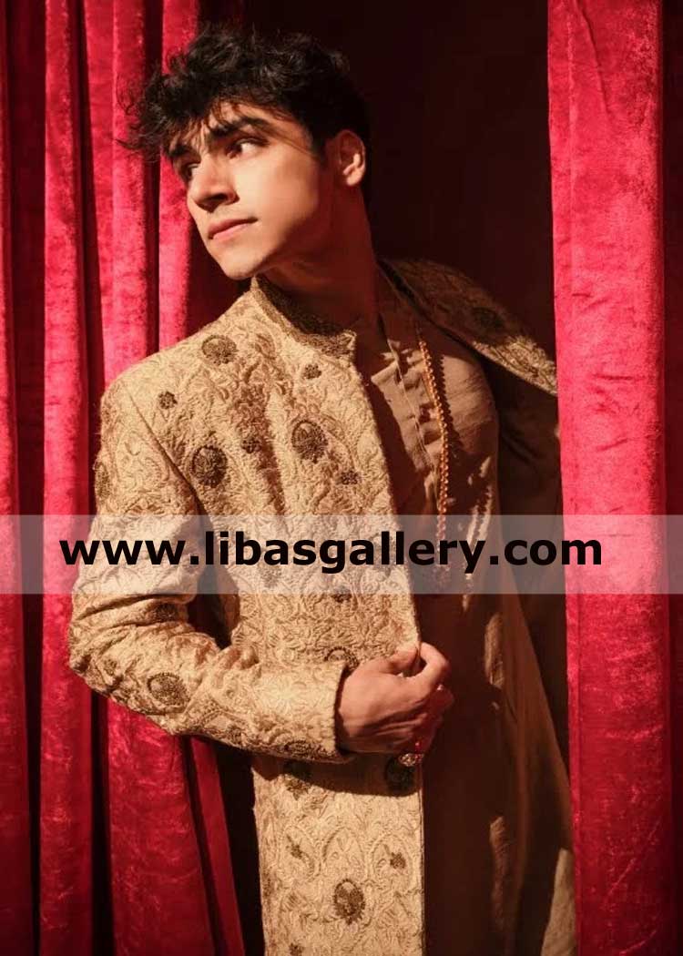 Traditional beige groom designer wedding sherwani article