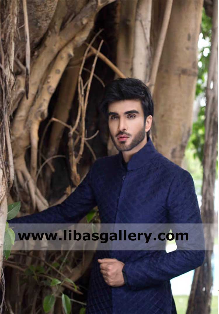 Blue Embroidered slim fit wedding jacket for Gym going Groom
