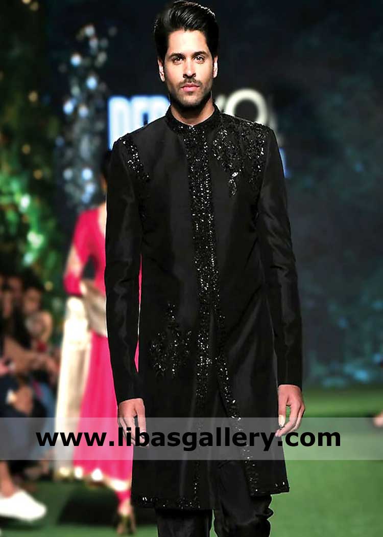 Black well managed embellished groom barat sherwani