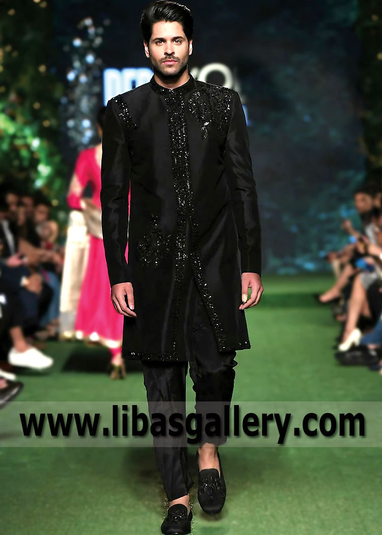 Black well managed embellished groom barat sherwani