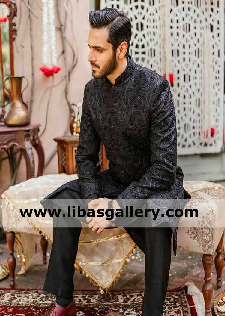 Black Hand Embellished Fancy Groom Wedding Sherwani