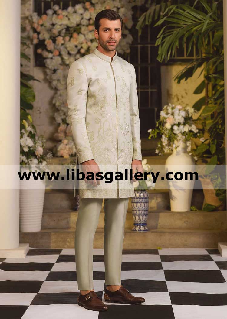 Groom monotone thread work nikah barat sherwani mint green with raw silk pajama high quality wedding jacket pakistan saudi arabia qatar dubai Groom monotone thread work nikah barat sherwani mint green with raw silk pajama high quality wedding jacket pakistan saudi arabia qatar dubai