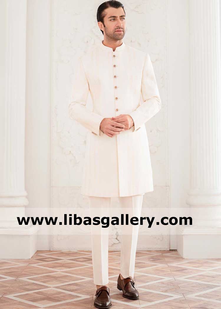 Ivory Groom Wedding sherwani with monotone thread embroidery
