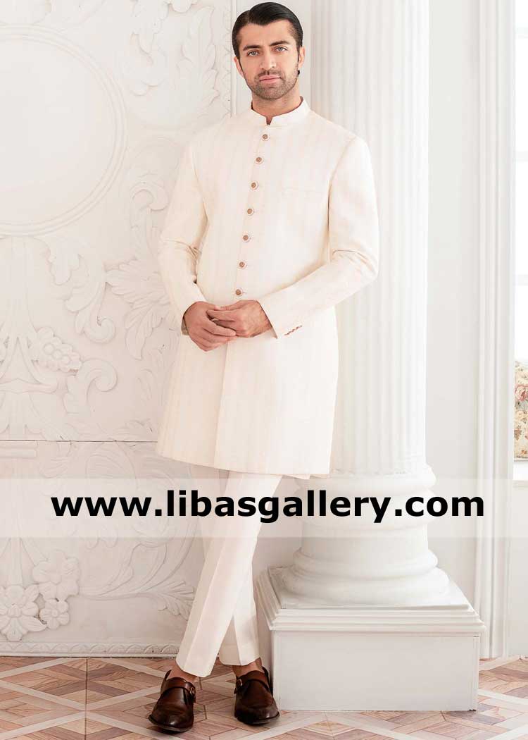 Ivory Groom Wedding sherwani with monotone thread embroidery