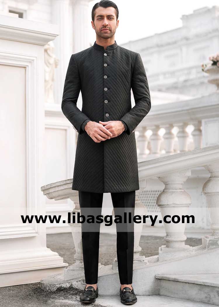 Jet Black beautiful Quilted Jamawar groom sherwani dress