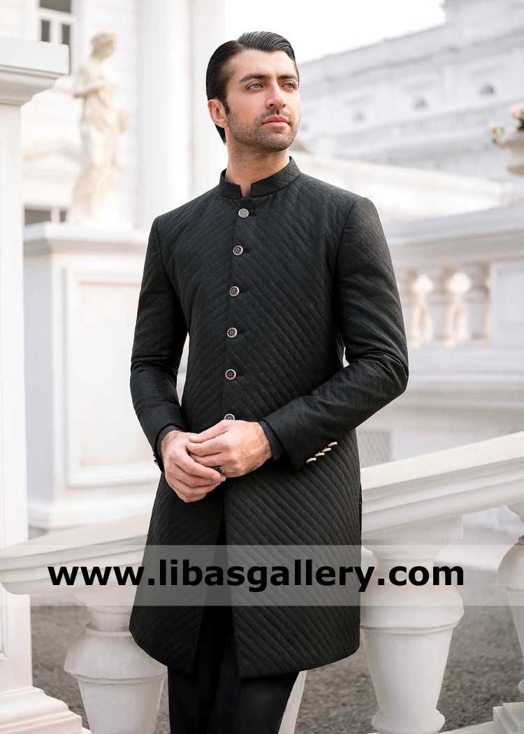Jet Black beautiful Quilted Jamawar groom sherwani dress