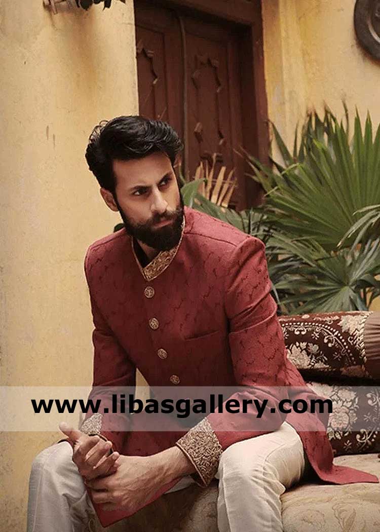 Maroon band collar amazing nikah barat wedding sherwani in jamawar fabric gold embellished collar and cuff Singapore punggol jurong west choa chu kang Singapore Maroon band collar amazing nikah barat wedding sherwani in jamawar fabric gold embellished collar and cuff Singapore punggol jurong west choa chu kang Singapore