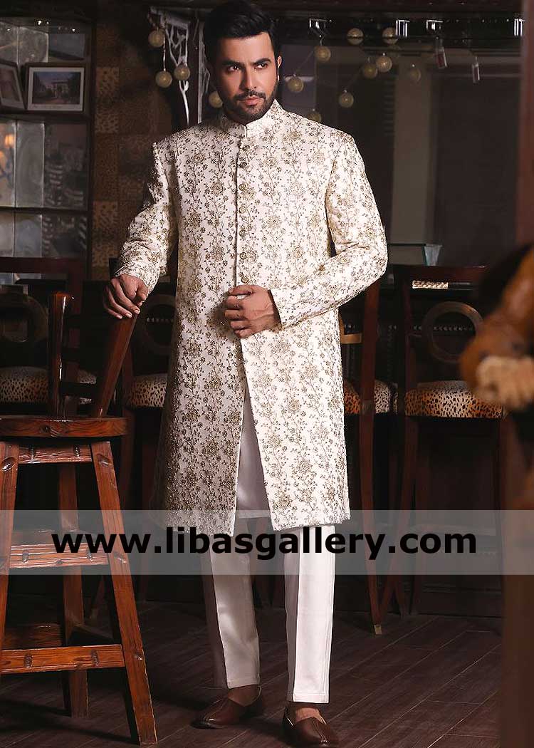 Traditional Groom Embroidered wedding sherwani design in ivory with gold metal fancy buttons best for nikah barat dulha Kentucky Wisconsin Maryland USA Traditional Groom Embroidered wedding sherwani design in ivory with gold metal fancy buttons best for nikah barat dulha Kentucky Wisconsin Maryland USA