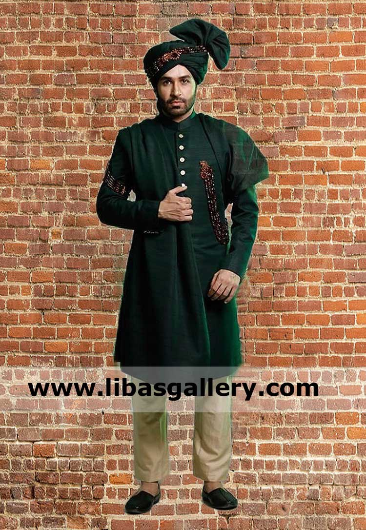 Dark Green Raw silk wedding sherwani for Nikah