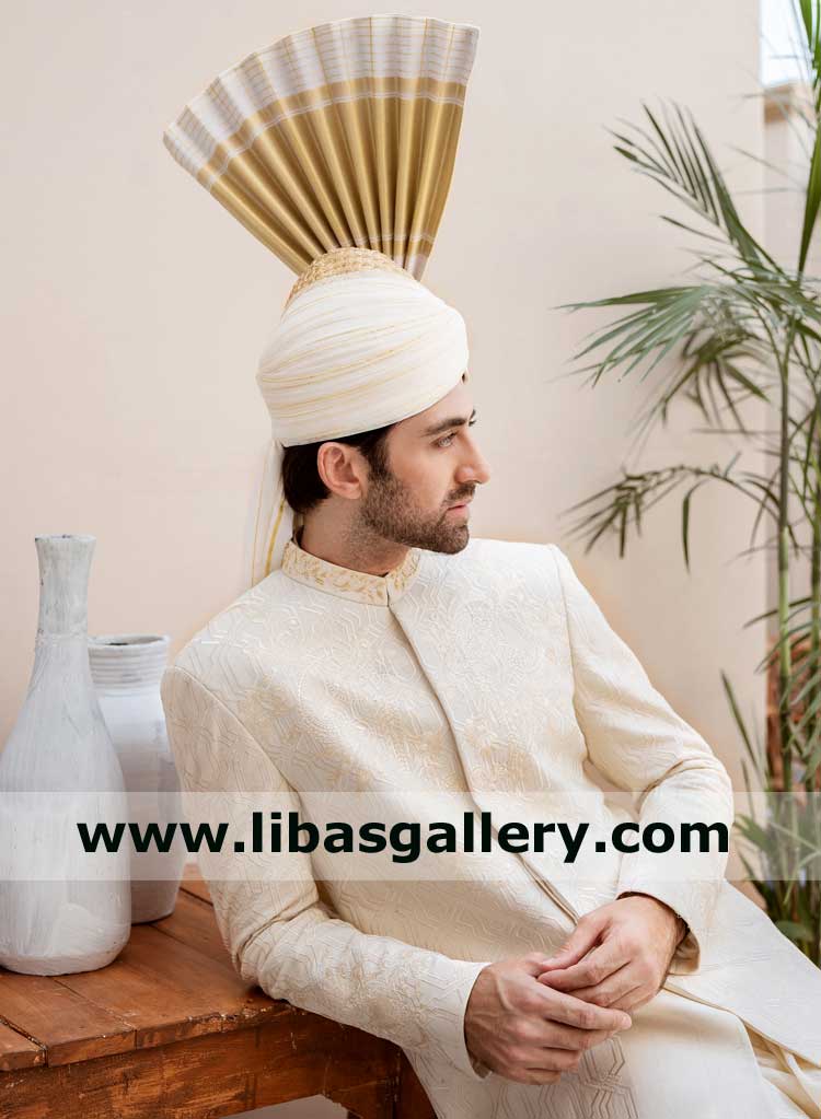OFF WHITE KARANDI Groom SHERWANI WITH WHITE GEOMETRIC PATTERN