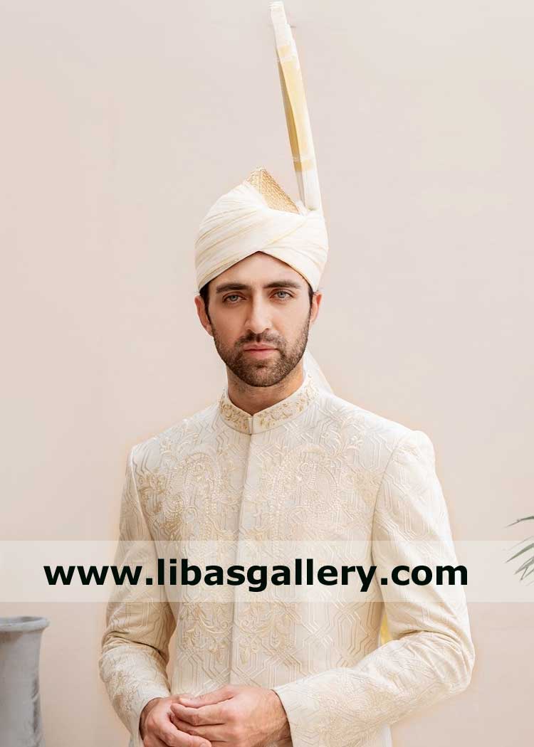 OFF WHITE KARANDI Groom SHERWANI WITH WHITE GEOMETRIC PATTERN