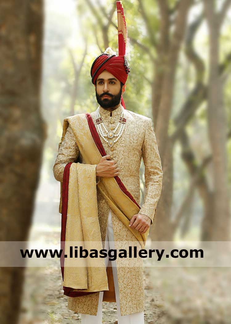 Premium embroidered golden groom sherwani with cotton silk inner kurta shalwar turban shawl on additional price Qatar Saudi Arabia UK